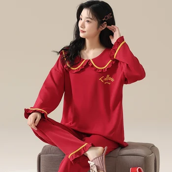 Šventinė Raudona Rudenį Moterų Pižama Tinka Gražių Namų Drabužiai ilgomis Rankovėmis Medvilnės Pižamos Patogus Mergina Pijamas Mujer Sleepwear 5XL