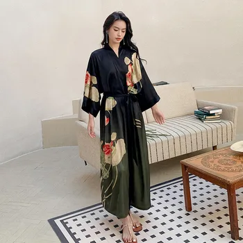 Didelio Dydžio Moterų Spausdinti Kimono Skraiste Suknelė Satino Chalatas V-Kaklo Prarasti Sleepwear Pižamą Su Diržo Sleepdress Intymus Apatinis Trikotažas