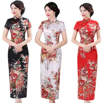Gėlių Spausdinti Qipao Derliaus Slim Kinijos Tradicinės Elegantiškas Moteris Cheongsams Trumpas Rankovės Ritininės Cheongsam Ilga Suknelė Vestidos 6XL