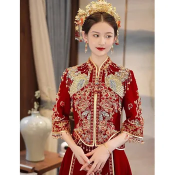 Moterų Nuotakos Suknelė Vestuvių Suknelės Retro Kinijos Tradicinės Xiuhe Cheongsam Suknelė Nuotaka Taurę Drabužius Ilgai Chalatai