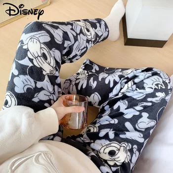 Disney Mickey Minkštas Pliušinis Kelnės Moterims Naujos Harajuku Kawaii Šiltos Kelnės Sutumn Žiemos Homewear Y2k Mergina Atsitiktinis Koralų Aksomo Kelnės