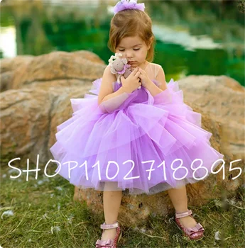 Violetinė Tiulio Merginos Princesė Suknelės 2023 O-Kaklo Reljefiniai Vaikai Vestuvės Dress-Line China Bow Mielas Pakopų Vaikas Bridel Chalatai