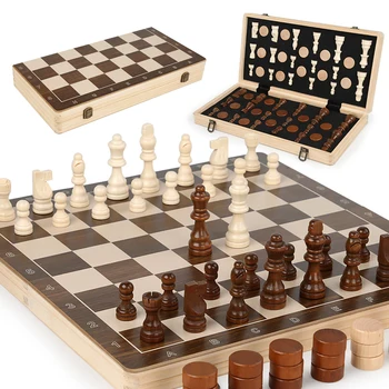 Dideli Mediniai Magnetiniai Šachmatai Nustatyti 2 IN 1 Šaškės, Sulankstomas stalo Žaidimas, Stalo Įspūdį Vaikams Žaislus, Su Extra Queens Saugojimo Dėžutė