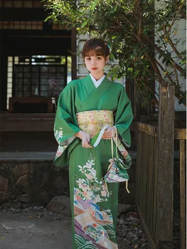 Japonija Stiliaus Moterų Tradicinių Kimono, Žalios Spalvos Gėlių Spaudinių Oficialų Suknelė Vintage Fotografijos Dėvėti Cosplay Kostiumas