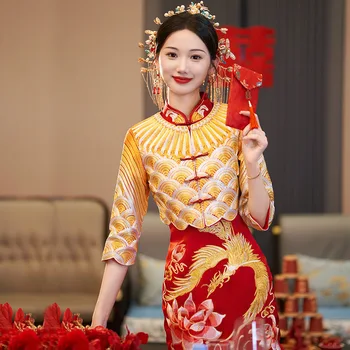 Klasikinė Kinų Qipao, Nuotaka, Vestuvinė Suknelė, Išskirtinį Siuvinėjimo Phoenix Gėlių Taurę Drabužių Hanfu Cheongsam Slim Vestidos
