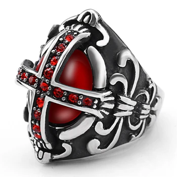 Vyriški Šviesą Nerūdijančio Plieno Žiedas Derliaus Riterio Kryžius Piršto Žiedai, Papuošalai Red CZ Žiedas bižuterijos