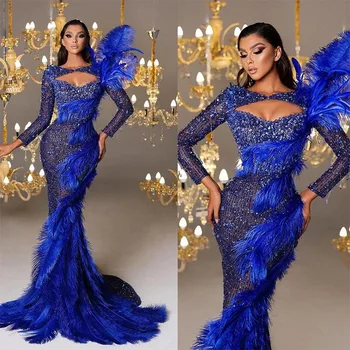 Prabangus Plunksnų Vakaro Suknelės ilgomis Rankovėmis Abiye arabų Karoliukai Royal Blue Prom Chalatai Visas Ilgis chalatas de soiree
