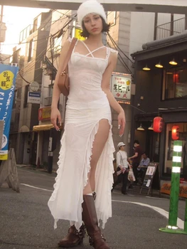 Bodycon Suknelė Matyti Per Y2k Drabužiai Be Rankovių Vestidos De Mujer Spageti Dirželis Baltas Klubo Apranga Moterims Seksualus Streetwear