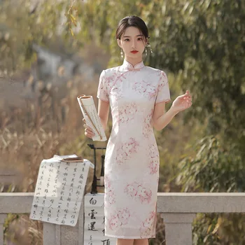 Kinijos Moterys Tradicinių Mandarinų Apykaklės Cheongsam Elegantiškas Plonas Trumpas Rankovės Satino Qipao Vestidos