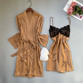 Geltona Twinset Skraiste Kostiumas Moterims Tuščiaviduriai Iš Nėrinių Sleepwear Pižamą Seksualus Vasaros Viskozė Chalatas Kimono Suknelė Nustatyti Apatinis Trikotažas