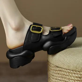 Moterų natūralios odos dvigubo metalo diržo juosta stora pado platforma butai šlepetės atidaryti tne atsitiktinis moterų vasaros sandalai, batai