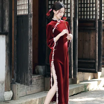Kinijos Retro Stiliaus Raudonos Aksomo Tradicinis Moterų Pledas Marškiniai, Elegantiškas Modernus Padalinta Ilgas Rankovėmis Suknelė Vestuvių Nėrinių Keistai Suknelė